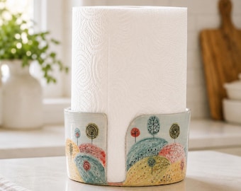 Ceramic Paper Towel Holder, Hand Painted Pastel Landscape Kitchen Roll Stand, Whimsical Tree Decor, Handmade Pottery Housewarming Gift