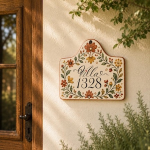 May include: A cream-colored ceramic house sign with a bell-shaped top, featuring hand-painted floral motifs in shades of orange, yellow, and green. The text "Villa 1328" is written in black script and numerals in the center of the plaque.