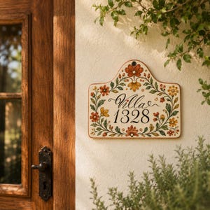May include: A cream-colored ceramic house sign with a bell-shaped top, featuring hand-painted floral motifs in shades of orange, yellow, and green. The text "Villa 1328" is written in black script and serif font in the center of the plaque.