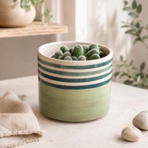 Ceramic Planter, Sage Green Striped Plant Pot, Succulent & Cactus Pot, Modern Indoor Houseplant Decor, Pottery Gift