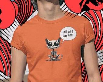 Skeleton Cat T-Shirt: "Still Got 8 Lives Left" Funny Halloween Tee