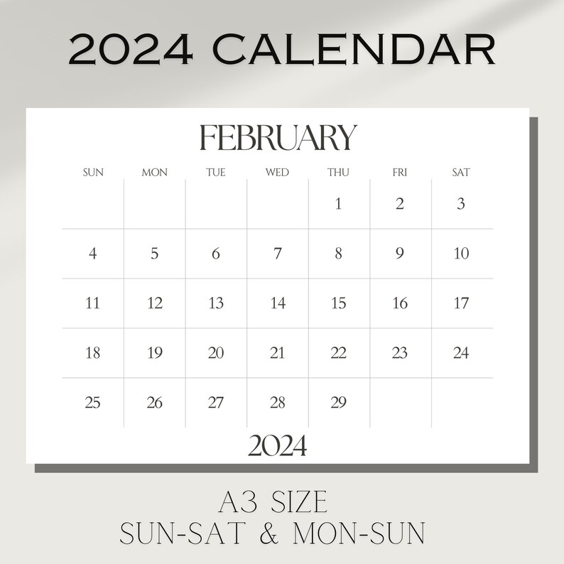 2024 A3 Calendar Printable Minimalist Design Monthly Calendar Back to