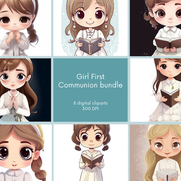 Girl First Communion Clipart, Holy Bible, Cute Little Girl, Printable, Communion PNG, Religious, Kid Christian Clip Art Instant Download