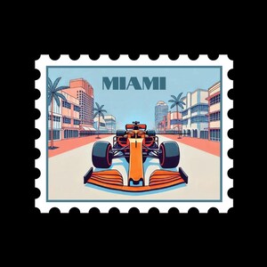 Lando Norris Mclaren F1 car racing in the Miami Grand Prix with art deco miami beach buildingsand MIAMI text with palm trees on a stamp sticker for sale on etsy