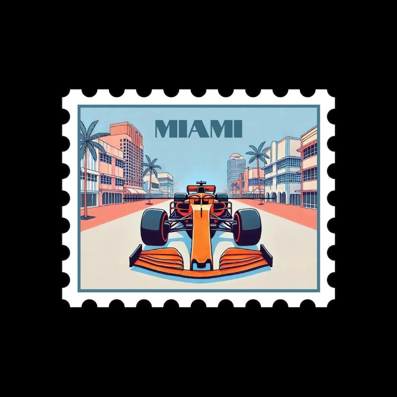 Lando Norris Mclaren F1 car racing in the Miami Grand Prix with art deco miami beach buildingsand MIAMI text with palm trees on a stamp sticker for sale on etsy