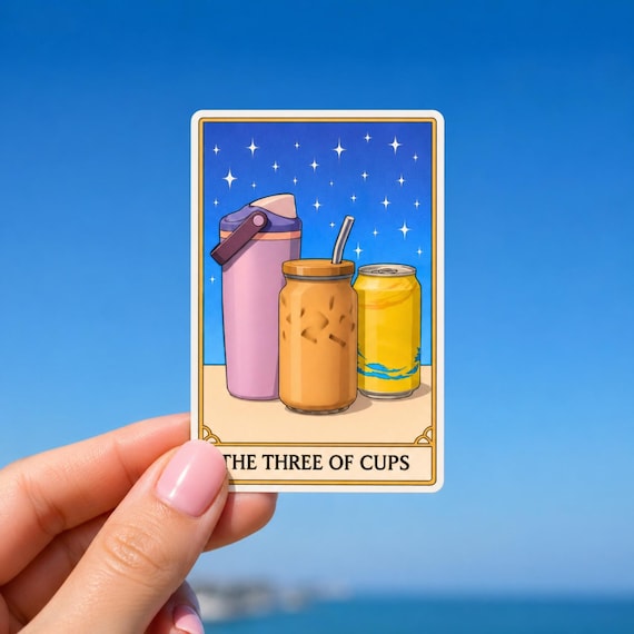 The Three of Cups – Funny Tarot Drink Sticker (2.5" Tall, Glossy Vinyl)