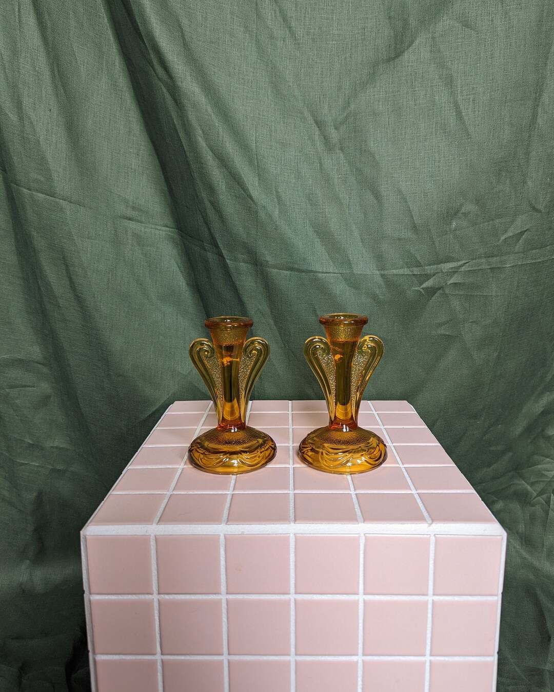 Paid of Vintage Amber Glass Candlesticks Etsy