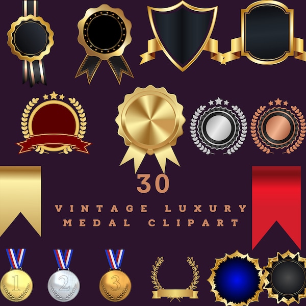 Vintage luxury medal Clipart, gold , bronze, silver, black clip art graphics in png format instant download for commercial use