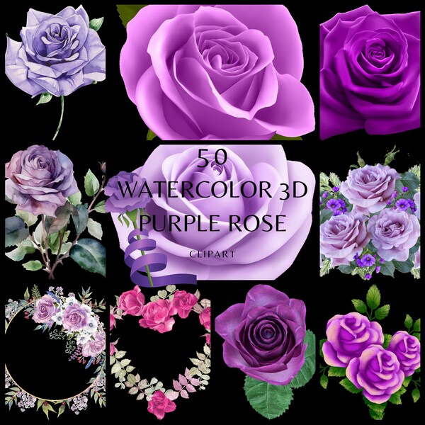 Watercolor 3D purple rose flowers illustration clipart, unique graphics in png format instant download for commercial use