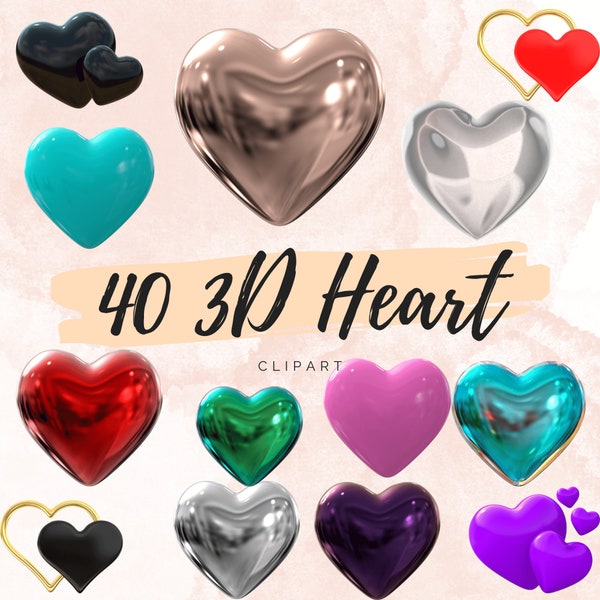Luxury 3D heart Clipart, gold , bronze, silver, black colorful clip art graphics in png format instant download for commercial use