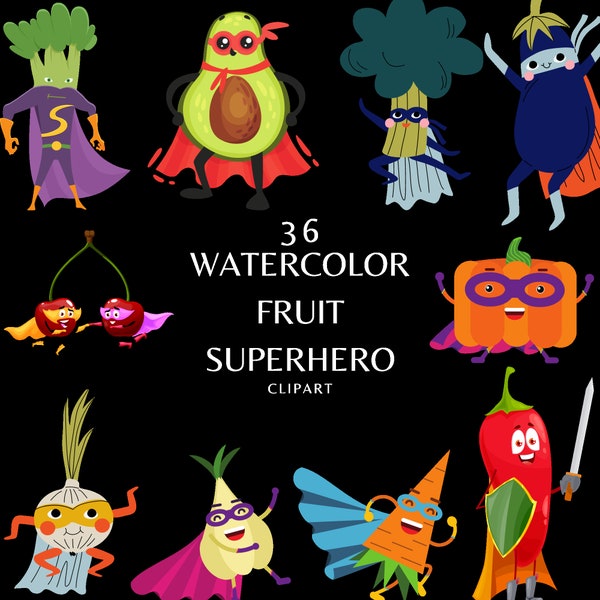 Watercolor fruit superhero character vector clipart, unique clipart graphics in png format instant download for commercial use