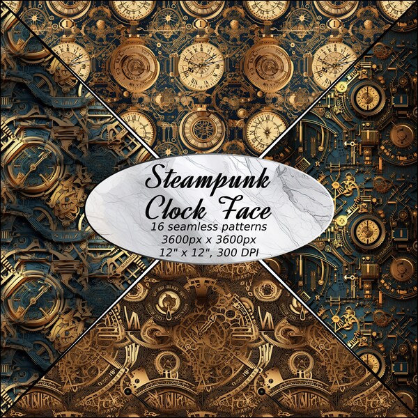 Digital Steampunk Clock Face Seamless Pattern For Print, Sublimation, Wall Art, Illustration, Poster, Creative Project - Instant Download