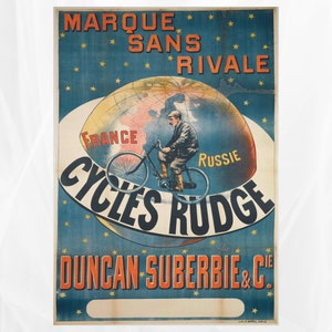 This vintage poster is a faithful replica of an original advertisement for Cycles Rudge