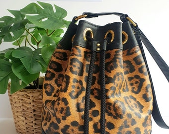 Handmade Drawstring Bucket bag in Leopard print