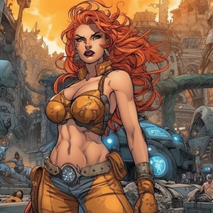 Puede incluir: Una mujer con el pelo largo y rojo que lleva un atuendo marrón y naranja con una hebilla de cinturón de metal. Está de pie en un entorno urbano futurista.