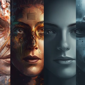 May include: A collage of five digital art portraits of women with different styles and colors. Each portrait features a unique design and color scheme, showcasing a variety of artistic expressions.