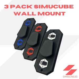 May include: Three black wall mounts for Simucube controllers. Each mount has a different colored button: blue, red, and white.