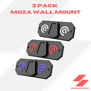 May include: Three black MOZA wall mounts with colored logos. The mounts have a unique design with a curved holder and a circular logo with a 'G' inside. The text "3 PACK MOZA WALL MOUNT" is displayed above the mounts.