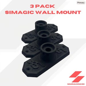 May include: A 3-pack of black Simagic wall mounts, each featuring a rectangular base with two screw holes and a central cylindrical attachment point. The mounts are embossed with the Simagic logo and are designed for secure wall installation.