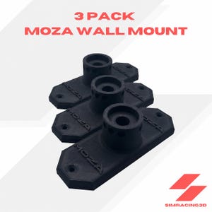 May include: A 3 pack of black Moza wall mounts featuring a rectangular base with screw holes and a central cylindrical attachment point. The text 3 PACK MOZA WALL MOUNT is displayed above the items, and the logo SIMRACING3D is in the corner.