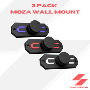 May include: Three black MOZA wall mounts with a circular top and a rectangular base. Each mount has a colored accent: blue, red, and white. The text "3 PACK MOZA WALL MOUNT" is displayed at the top of the image.