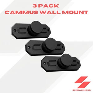 May include: A 3 pack of black Cammus wall mounts. Each mount features a rectangular base with beveled edges, two screw holes, and a central cylindrical protrusion. The text 3 PACK CAMMUS WALL MOUNT is displayed at the top, and SIMRACING3D is at the bottom.