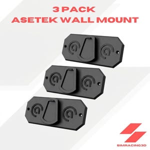 May include: A 3-pack of black Asetek wall mounts, each featuring a central trapezoidal protrusion and two circular logos. The text 3 PACK ASETEK WALL MOUNT is displayed at the top, and the logo SIMRACING3D is visible in the bottom right corner.