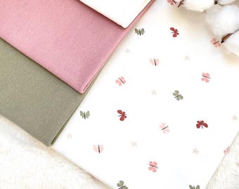 Conjunto de telas para bebé Jersey de algodón * Motivo: Mariposa + Canalé Oliva, malva claro, blanco roto #50