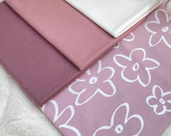 Conjunto de telas para bebé Jersey de algodón * Motivo: Floral malva + Ribete malva oscuro, malva claro, blanco roto #49