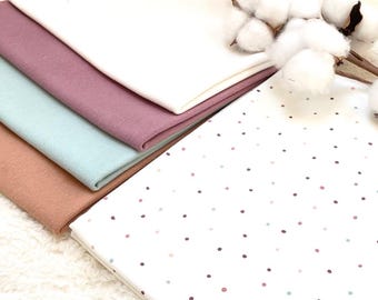 Conjunto de telas para bebé de jersey de algodón * Motivo: Lunares + Canalé Nuez moscada, Azul hielo, Malva oscuro, Blanco roto #24