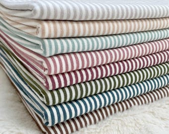 Tela de jersey de algodón por metros, jersey bebé teñido en hilo de rayas, varios colores: beige, malva, azul hielo, verde, azul, marrón, topo, gris