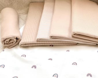 Paquete de telas de jersey arcoíris + tela coordinada + canalé #25.2 Tela para bebé, juego de telas para niños con gofre, canalé, rayas, jersey liso, beige