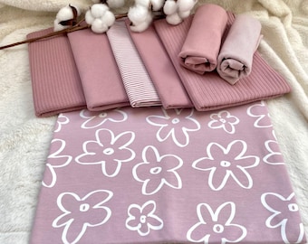 Lote de tela de jersey, motivo: floral, malva claro + tela a juego + ribete, malva claro n.º 49.1 Conjunto de telas para bebé: jersey gofre, jersey ribeteado, teñido en hilo, color liso