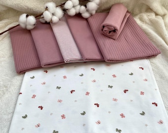 Lote de tela de jersey con motivo de mariposas de colores + tela a juego + ribete malva claro n.º 50.1 Tejido de bebé jersey gofre, jersey acanalado, rayas, color liso
