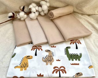 Paquete de telas de punto con estampado de dinosaurios + tela a juego + canalé beige. Juego de telas para bebé n.° 59.1: punto gofrado, rayas teñidas en hilo, canalé fino liso.