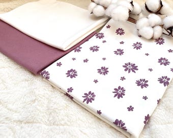 Conjunto de telas para bebé de jersey de algodón * Motivo: Flores + Ribete, malva oscuro, blanco roto n.° 26