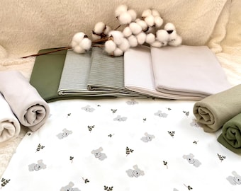 Paquete de telas de punto Koala + tela a juego + canalé #22.1 Tela para bebé, conjunto de telas infantiles con rayas, punto liso o punto canalé, verde abeto