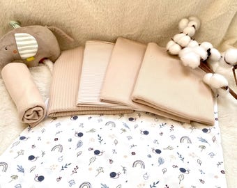 Paquete de telas de jersey con estampado de caracol + tela a juego + canalé n.° 13.2, tela beige para bebé, conjunto de telas infantiles, jersey a rayas, gofre, liso o canalé