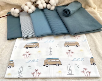 Paquete de telas jersey de algodón con motivo camper + combinación + canalé azul acero #58.1 Bulli Ottoman, jersey de canalé, jersey gofrado, jersey liso, estilo teñido en hilo