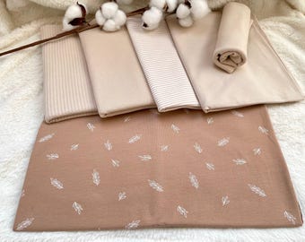 Paquete de telas de punto con motivo de hojas + tela a juego + canalé en color beige #62.1 Punto gofrado, canalé fino, rayas teñidas en hilo, punto liso, punto acanalado