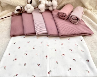 Paquete de tela de jersey, motivo: flores en blanco roto + tela a juego + ribete malva claro n.º 63.1 Tela para bebé, jersey de gofre floral, jersey de canalé, teñido en hilo