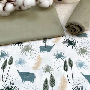 Pacchetto di tessuto jersey con motivo a elefante, azzurro ghiaccio + tessuto coordinato + coste verde oliva #21.2 Jersey tinta unita