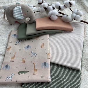Pacote grande de tecido para bebê com motivo jersey de algodão + listras verde abeto/bege + punhos conjunto de tecido para bebê * Motivo: Safari+listras verde/bege+B #35