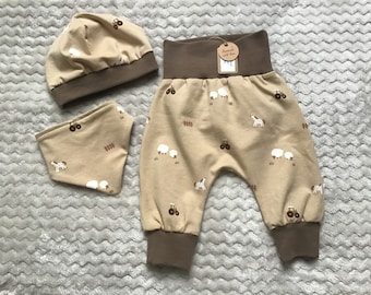 Ensemble premier bébé doux 3 pièces * pantalon * chapeau * tissu * cadeau de naissance taille garçon fille. 50/56 62/68 beige taupe animaux de la ferme #11