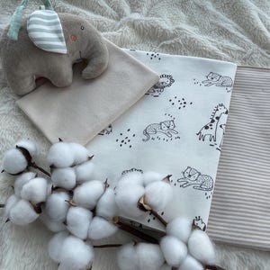 Conjunto grande de tecido para bebê em jersey de algodão com motivo do conjunto de tecido para bebê: Safari + listras bege/azul gelo/malva + punhos bege/azul gelo/malva #46