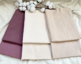 Conjunto de tejido de jersey de algodón jacquard acanalado con puños, 95/5 % algodón/elástico, por metros, jersey de punto acanalado con patrón de cable, color malva, marfil o beige (a elegir)