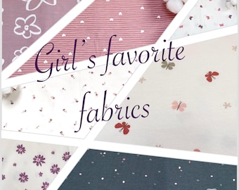 Tela de jersey favorita de niña por metro * Flores, mariposas, corazones, lunares en malva, blanco roto, azul acero - tela de niña, tela infantil