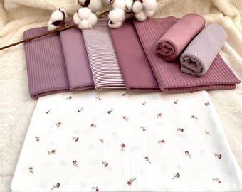 Paquete de tela de jersey, motivo: flores en blanco roto + tela a juego + ribete malva oscuro n.º 63.2 Tela para bebé, jersey de gofre floral, jersey de canalé, teñido en hilo