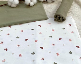 Paquete de tela de jersey con motivo de mariposas de colores + tela a juego + ribete verde oliva n.° 50.2 Tela para bebé, jersey de color liso