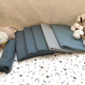 Jersey Stoffpaket Schnecke + Kombistoff + Bündchen #13.1 blau Babystoff Kinderstoff Set m. Ottoman, Streifen-, Waffel-, Uni- oder Ribjersey